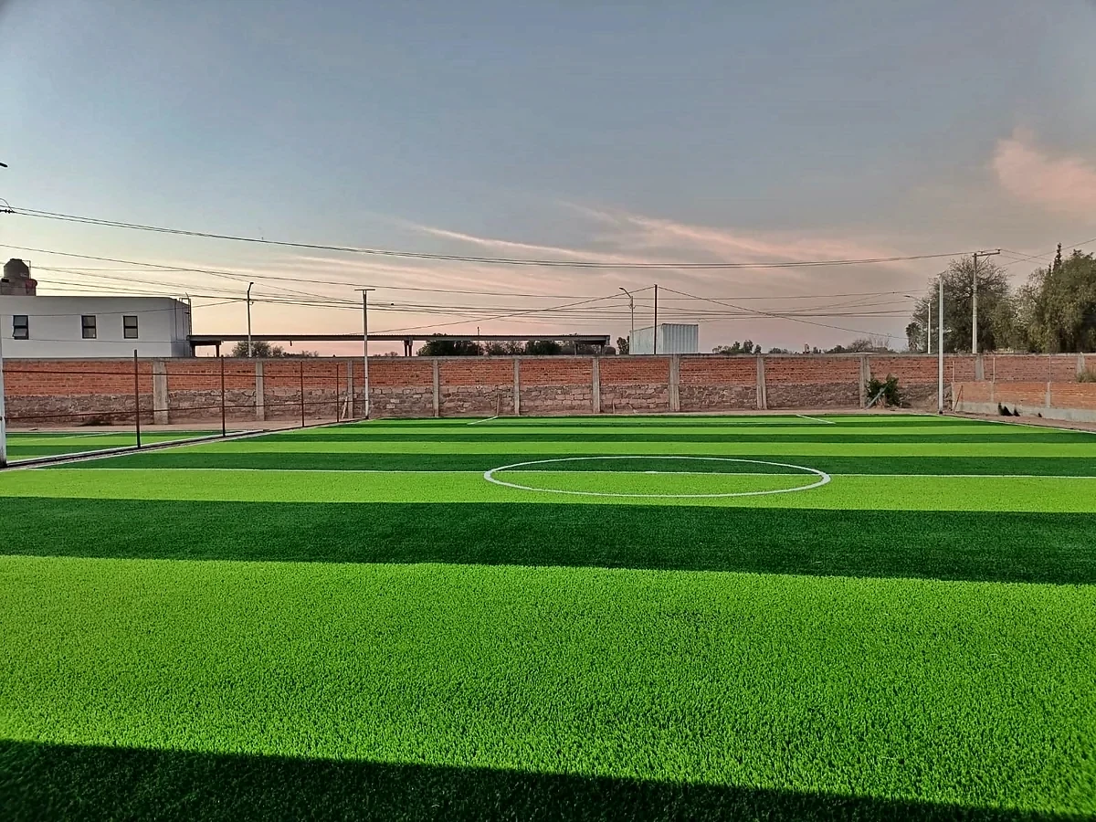 Cancha de fútbol 7 con pasto sintético en Soledad de Graciano Sánchez, San Luis Potosí: líneas de juego insertadas en el mismo pasto