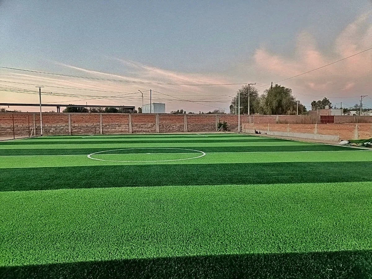Cancha de fútbol 7 con pasto sintético en Soledad de Graciano Sánchez, San Luis Potosí: la cancha desde la línea lateral