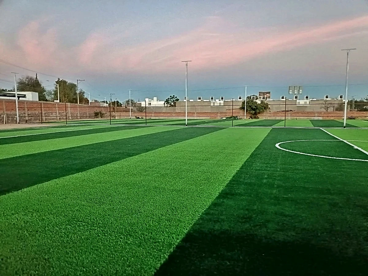 Cancha de fútbol 7 con pasto sintético en Soledad de Graciano Sánchez, San Luis Potosí: pasto sintético deportivo recién cepillado
