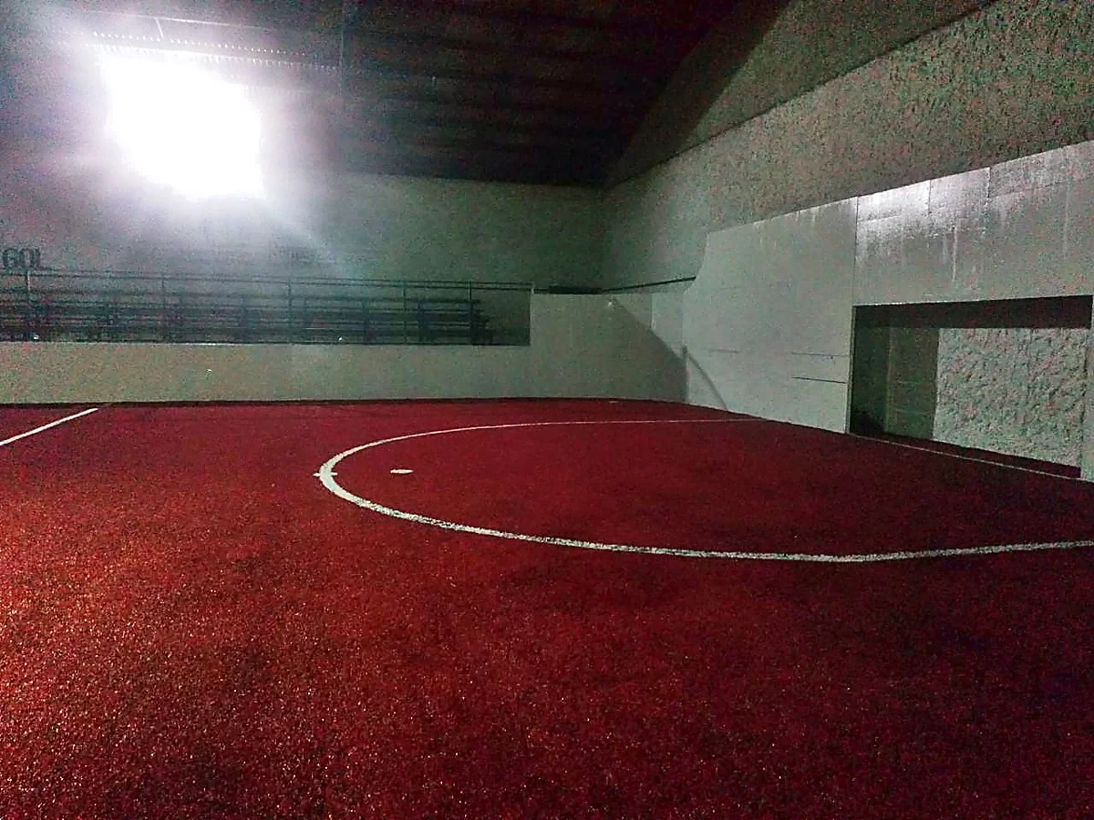 Cancha de fútbol rápido con pasto sintético en Deportivo Astrogol (pasto rojo), Soledad de Graciano Sánchez, San Luis Potosí: pasto sintético deportivo recién cepillado