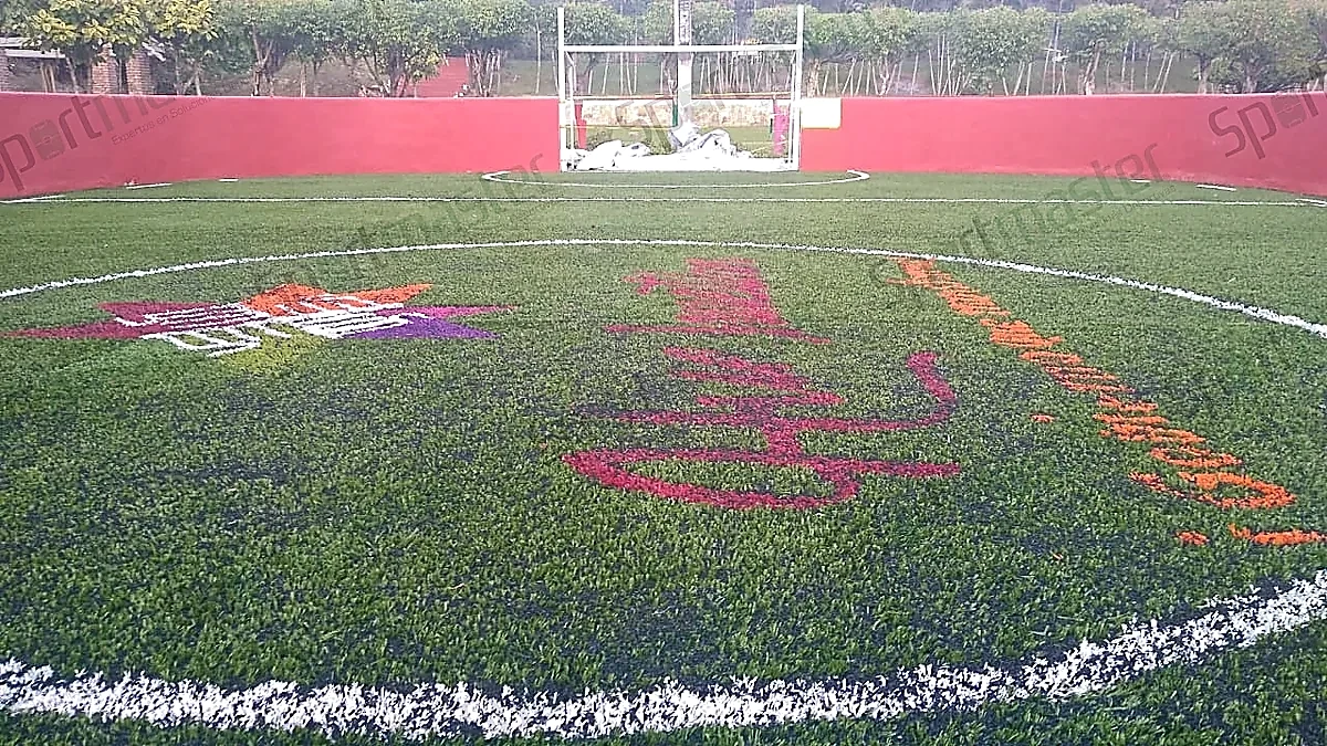 Cancha de fútbol rápido con pasto sintético en Huichihuayán, San Luis Potosí: líneas de juego insertadas en el pasto