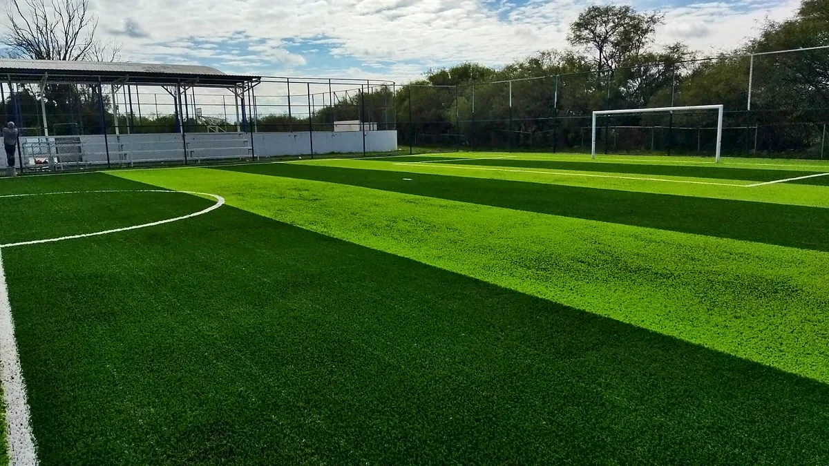 Cancha de fútbol rápido con pasto sintético en Salinas, San Luis Potosí: pasto sintético deportivo recién cepillado