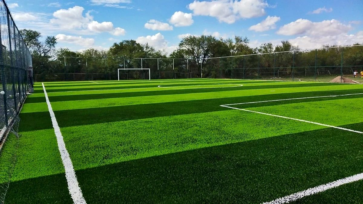 Cancha de fútbol rápido con pasto sintético en Salinas, San Luis Potosí: la cancha desdel fondo