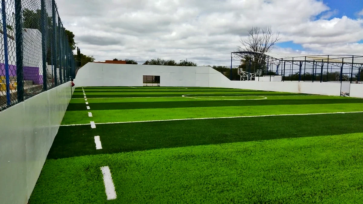 Cancha de fútbol rápido con pasto sintético en Salinas, San Luis Potosí: vista de la cancha y su entorno
