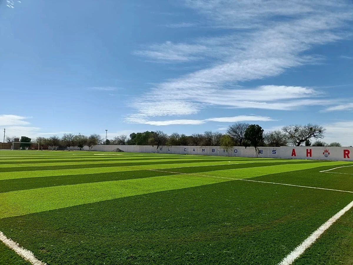 Cancha de fútbol soccer con pasto sintético en Campo Fútbol Club de Leones, Salinas, San Luis Potosí: líneas de juego insertadas en el pasto