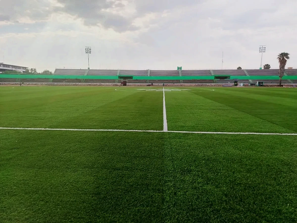 Cancha de soccer del Estadio Plan de San Luis vista desde la línea de fondo, con gradas al fondo