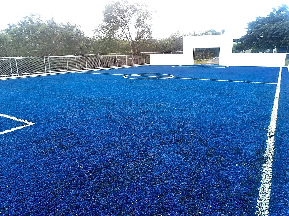 Cancha de fútbol 5 con pasto sintético en Colegio Nuevo Santander, Ciudad Victoria, Tamaulipas: líneas insertadas en el pasto sintético