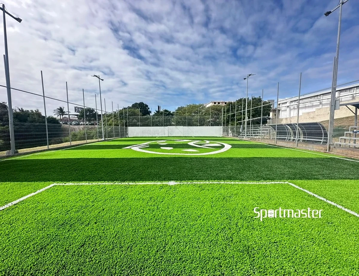 Cancha de fútbol 5 con pasto sintético en Universidad del Noreste, Tampico, Tamaulipas: la cancha desde la línea lateral