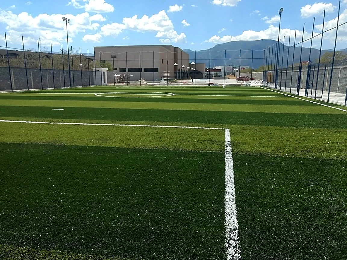 Cancha de fútbol 7 con pasto sintético en ICEST Victoria, Ciudad Victoria, Tamaulipas: pasto sintético deportivo recién cepillado