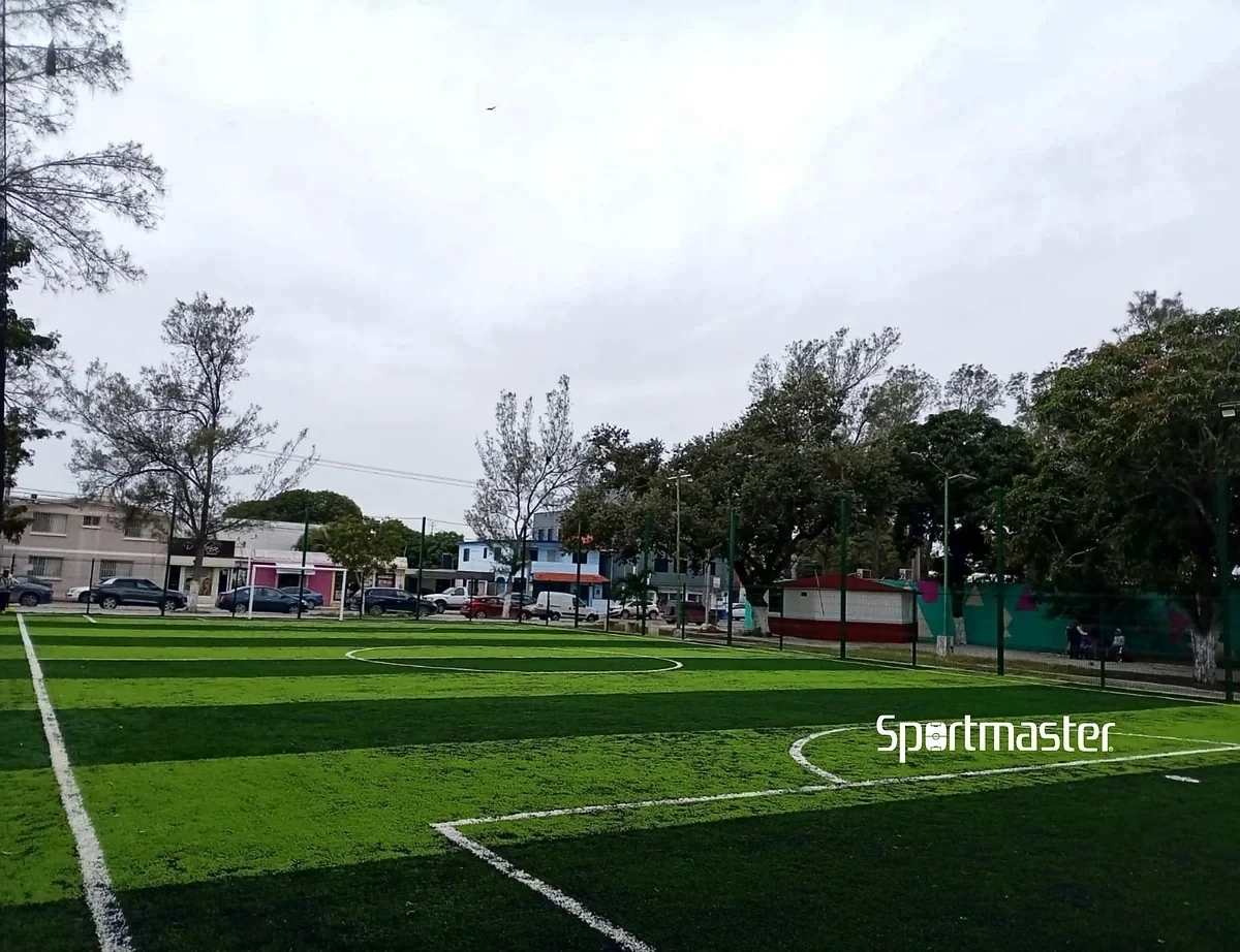 Detalle del pasto sintético de la cancha de fútbol 7 en Ciudad Madero, Tamaulipas