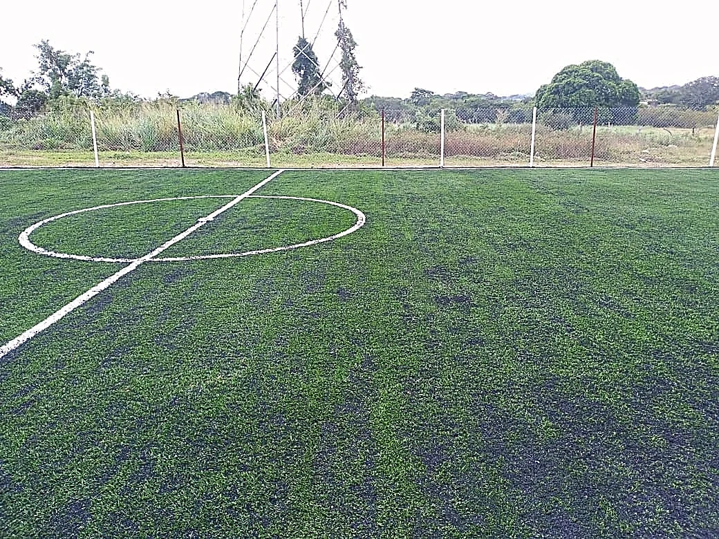 Cancha de fútbol 5 con pasto sintético en Deportivo Fundador MFA, Manlio Fabio Altamirano, Veracruz: líneas insertadas en el pasto sintético