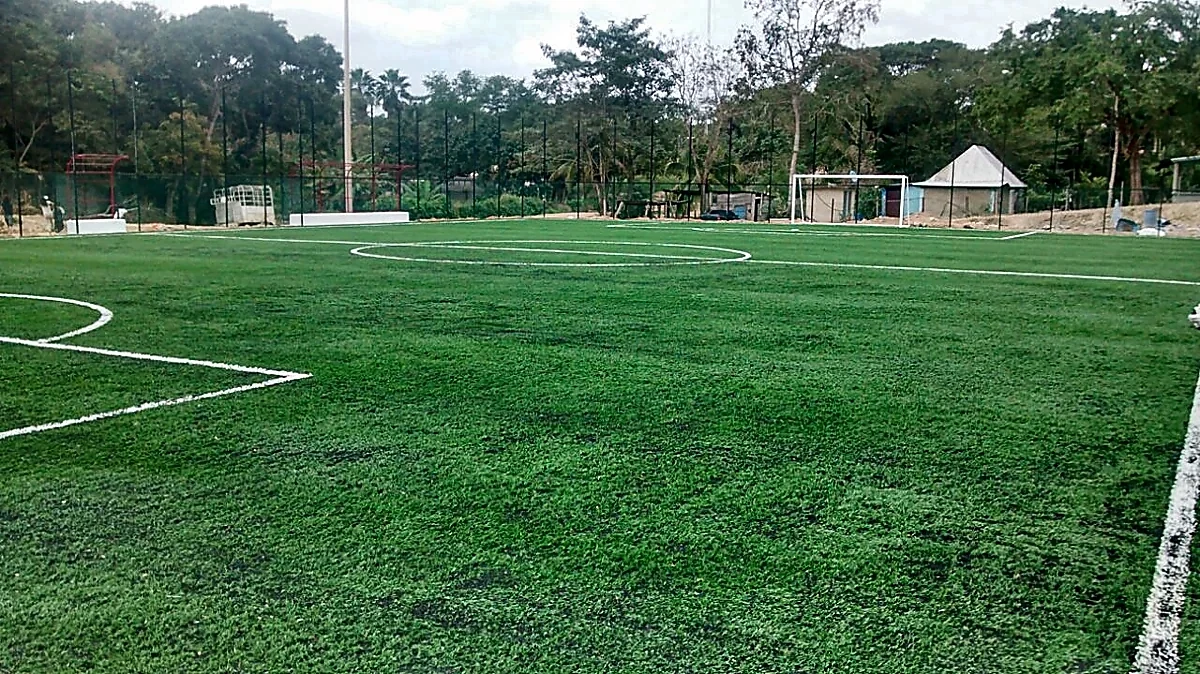Cancha de fútbol 7 con pasto sintético en Unidad Deportiva Morelos, Jesús Carranza, Veracruz: la cancha desde la línea lateral