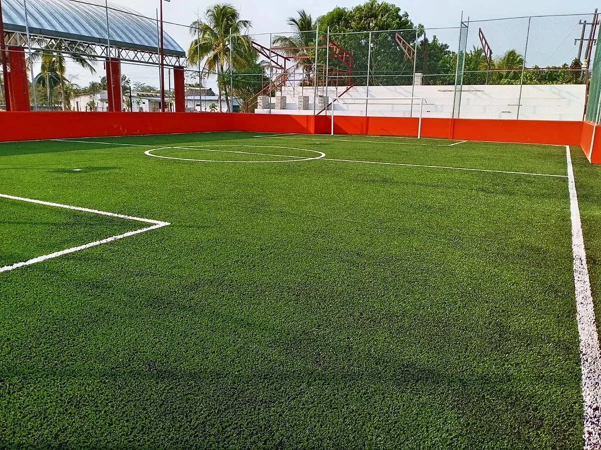 Cancha de fútbol rápido con pasto sintético en Cancha Localidad Tlalcuilolapan, Veracruz: la cancha desde la línea lateral
