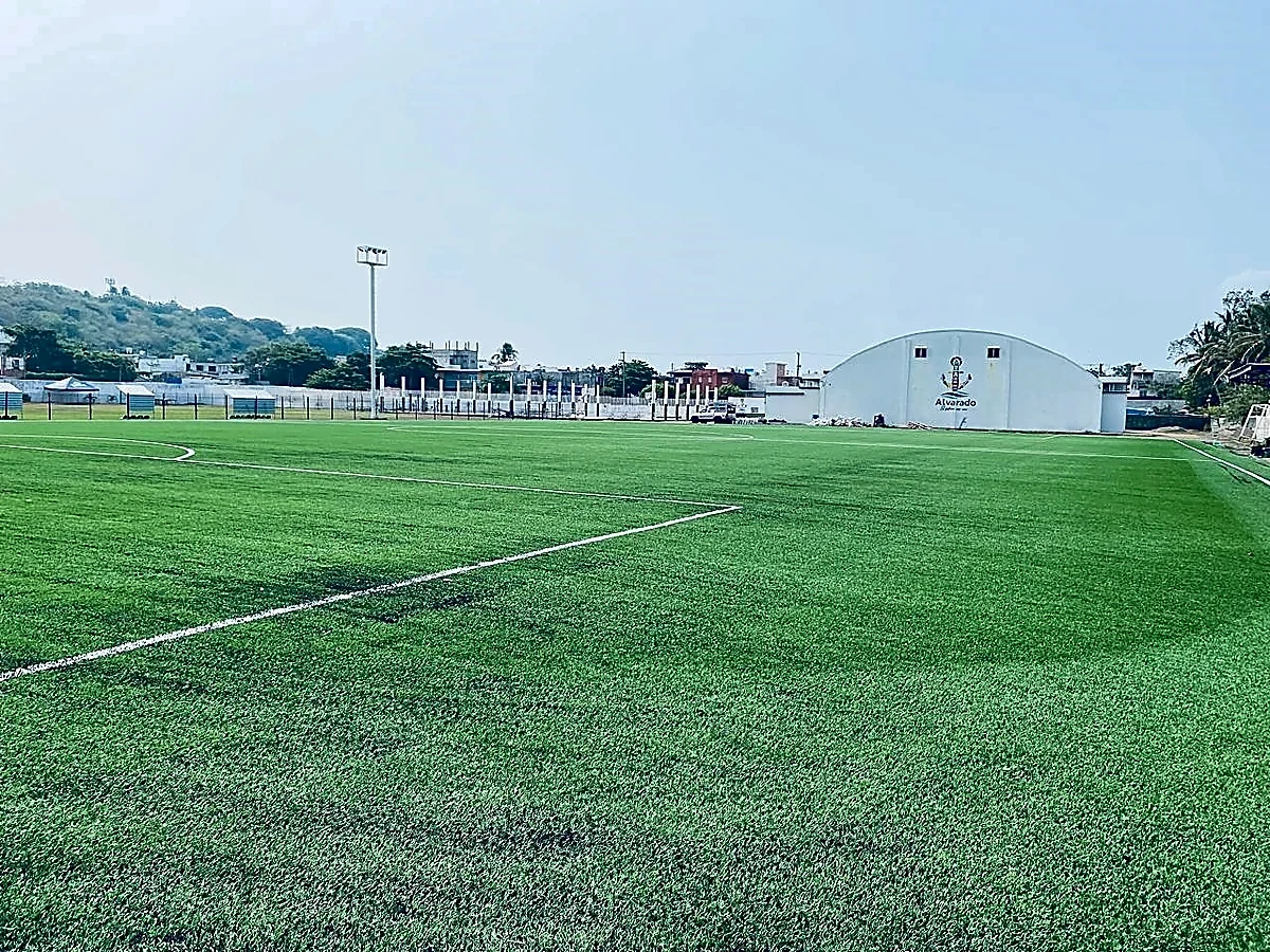 Cancha de fútbol soccer con pasto sintético en Alvarado, Veracruz: líneas de juego insertadas en el pasto