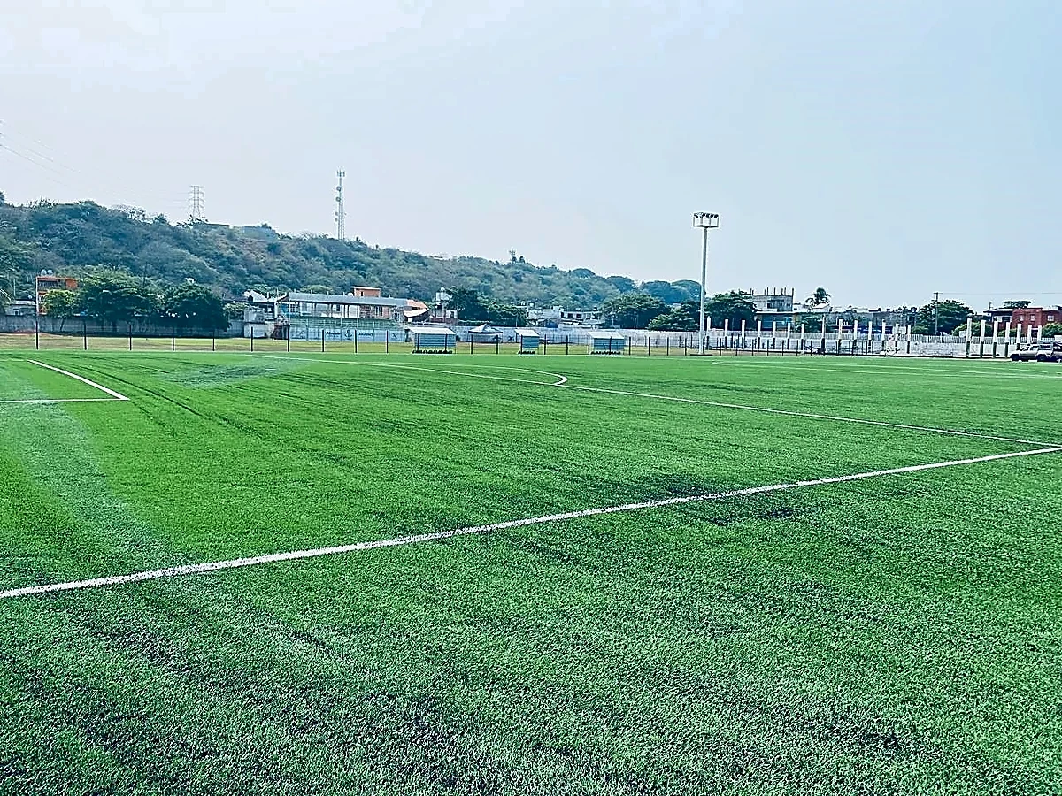 Detalle del pasto sintético de la cancha de fútbol soccer en Alvarado, Veracruz