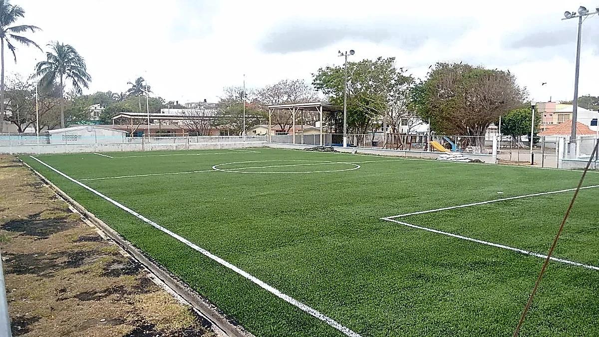 Detalle del pasto sintético de la cancha de fútbol soccer en Boca del Río, Veracruz