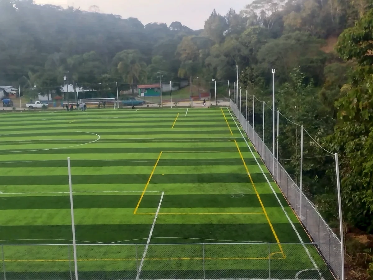 Cancha de fútbol soccer con pasto sintético en Campo Deportivo Bicentenario, Ixhuatlán del Café, Veracruz: pasto sintético deportivo recién cepillado