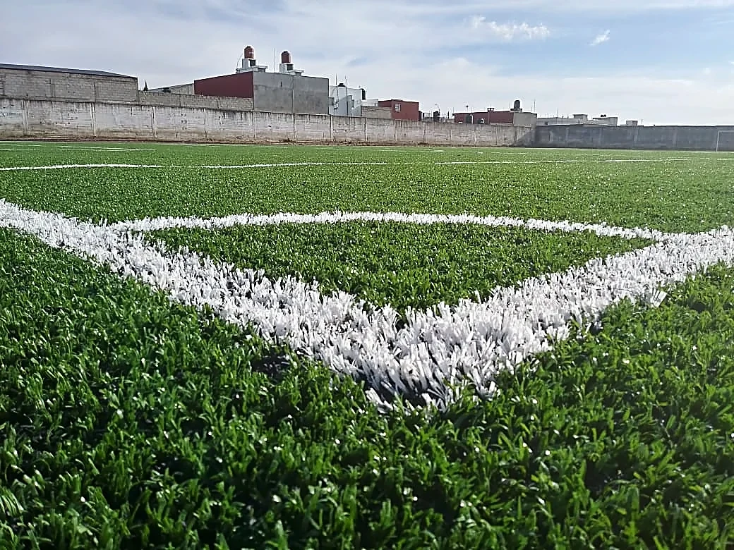 Detalle del pasto sintético de la cancha de fútbol soccer en Perote, Veracruz