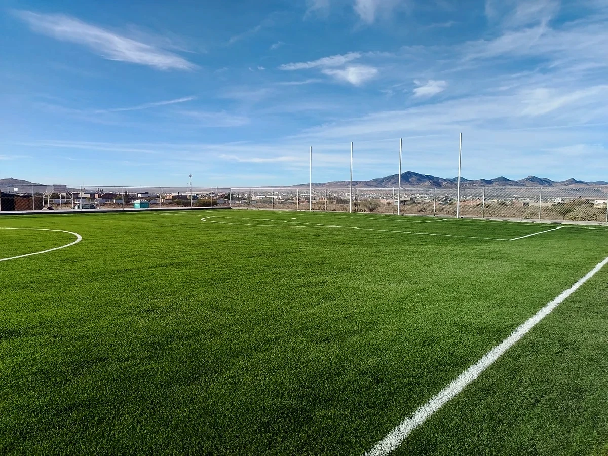 Cancha de fútbol 7 con pasto sintético en Fresnillo, Zacatecas: líneas de juego insertadas en el mismo pasto