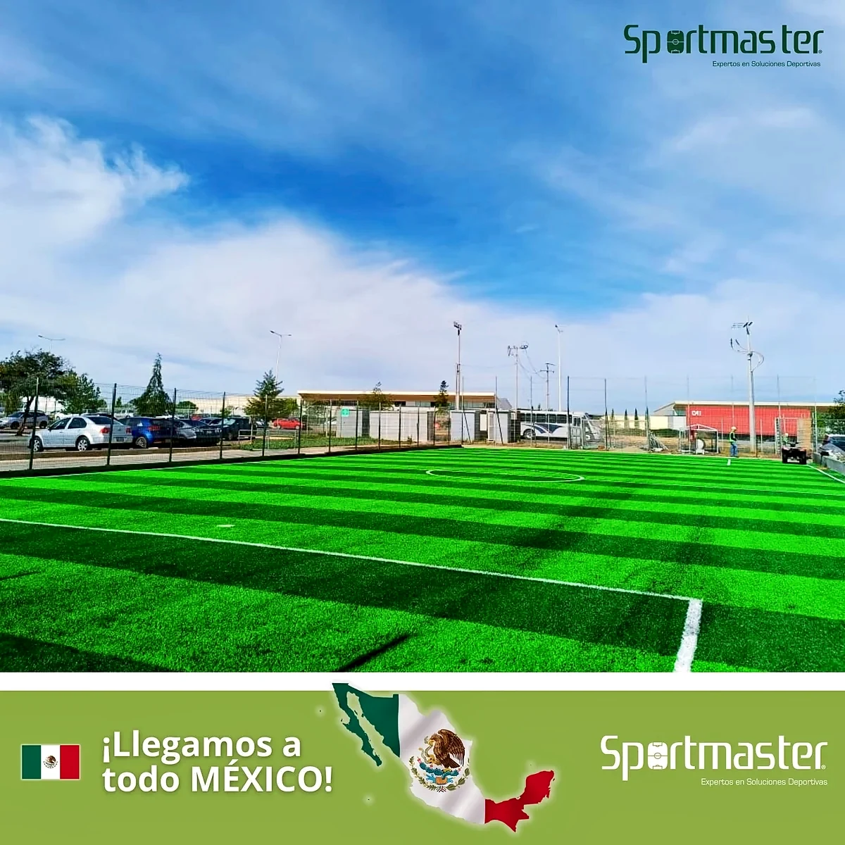 Cancha de fútbol 7 con pasto sintético en Planta industrial, Calera, Zacatecas: líneas de juego insertadas en el mismo pasto